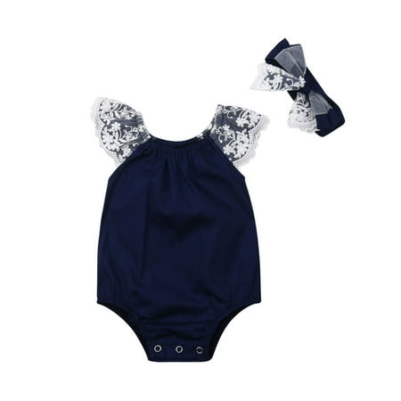 

Canrulo Infant Newborn Baby Girls Summer Romper Ruffle Lace Sleeve Bodysuit with Headband Clothes Dark Blue 0-6 Months