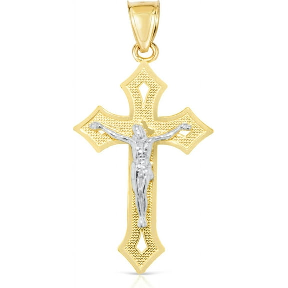 Floreo 10k Yellow Gold Petite Plane Crucifix of Jesus Cross Religious Pendant (Large)
