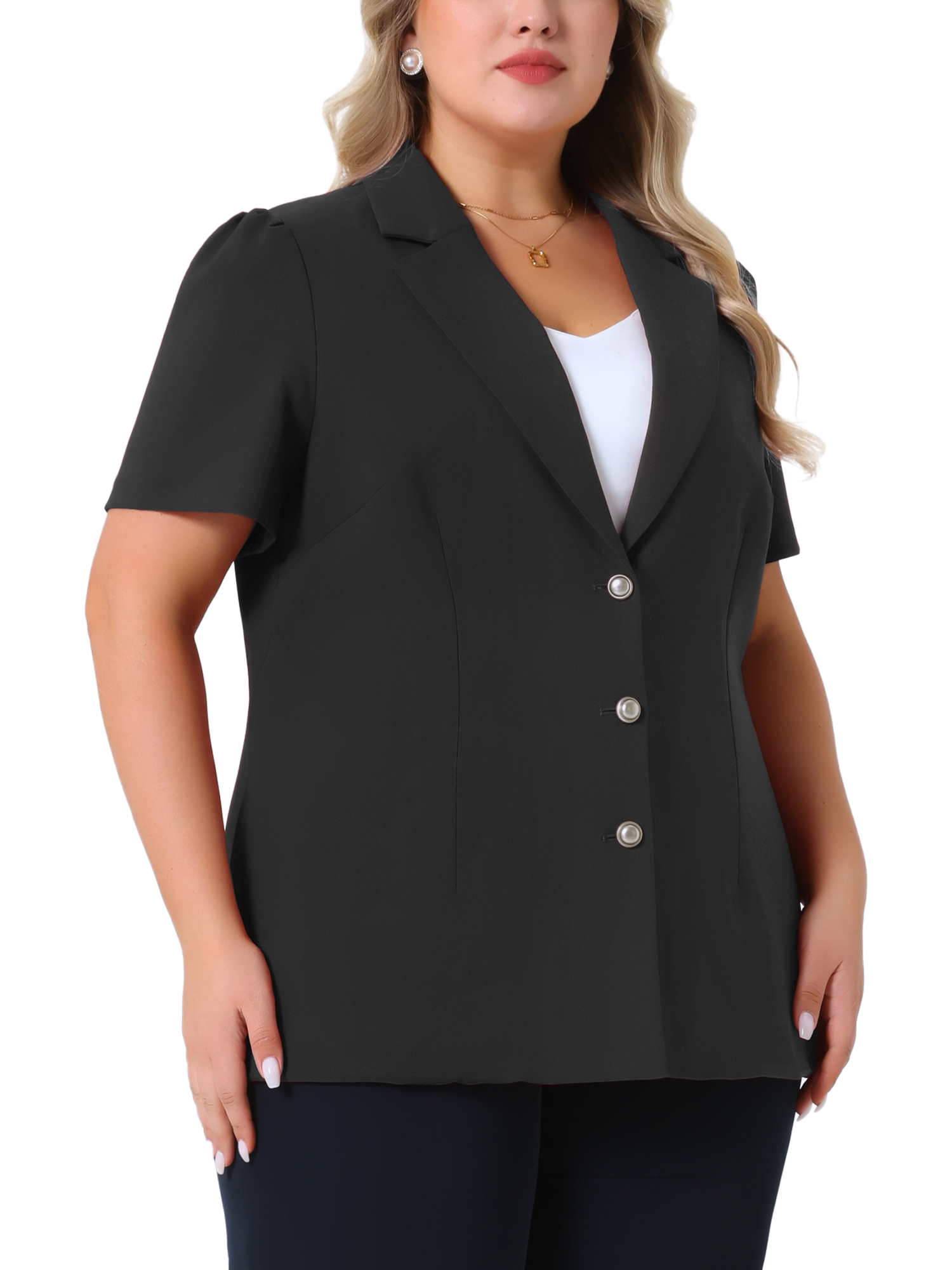 DARING DIVA Women's Plus Short Puff Sleeve Notched Lapel Blazer Jackets Black 1X