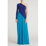 Halston one shoulder long sleeve color blocked jersey gown Color: SAPPHIRE BLUE, Size: 2