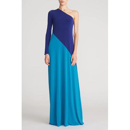 Halston one shoulder long sleeve color blocked jersey gown Color: SAPPHIRE BLUE, Size: 2