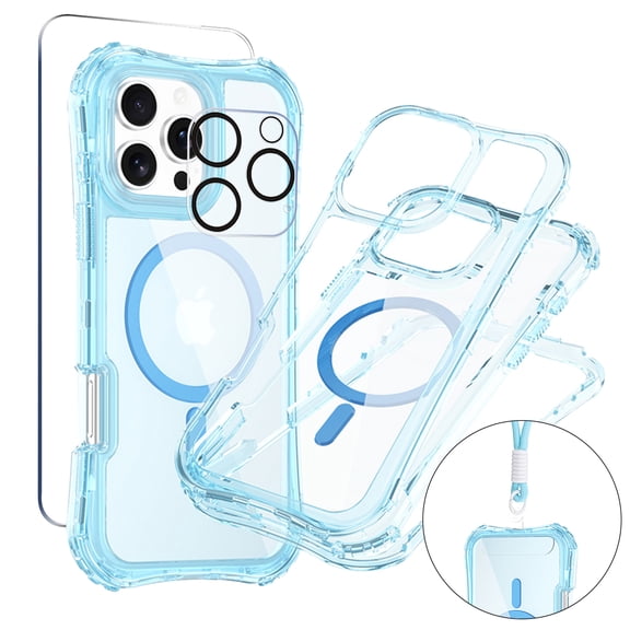 Allytechgroup iPhone 16 Pro Case with Screen Protector & Camera Lens Screen Protector & Hand Strap, [Compatible with Magsafe] Transparent Clear Protective Phone Case for Women Men, Blue