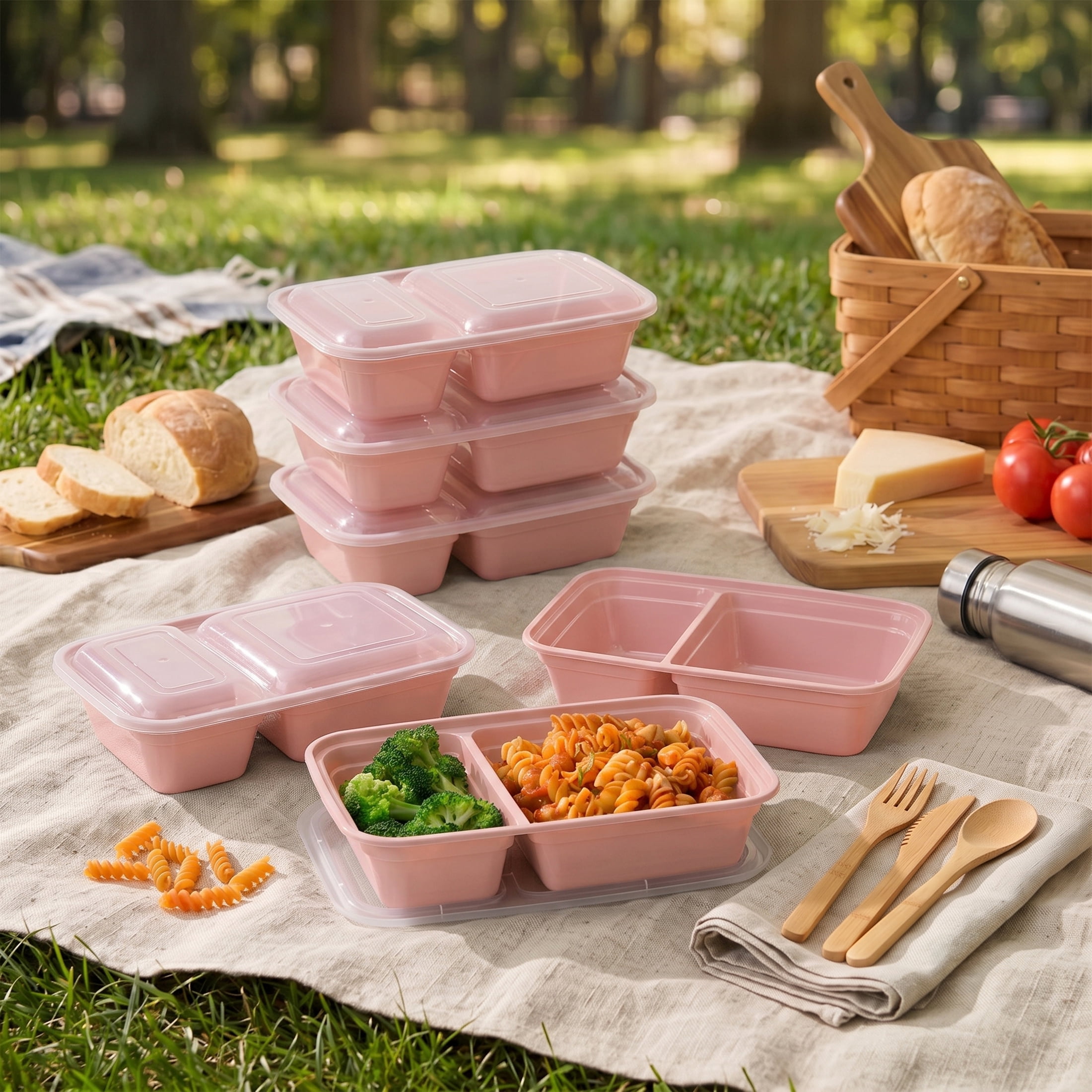 Mainstays 5-Pack 2-Compartment BPA-Free Plastic Meal Prep Food Storage Containers, 0.9L, Pink Blush
