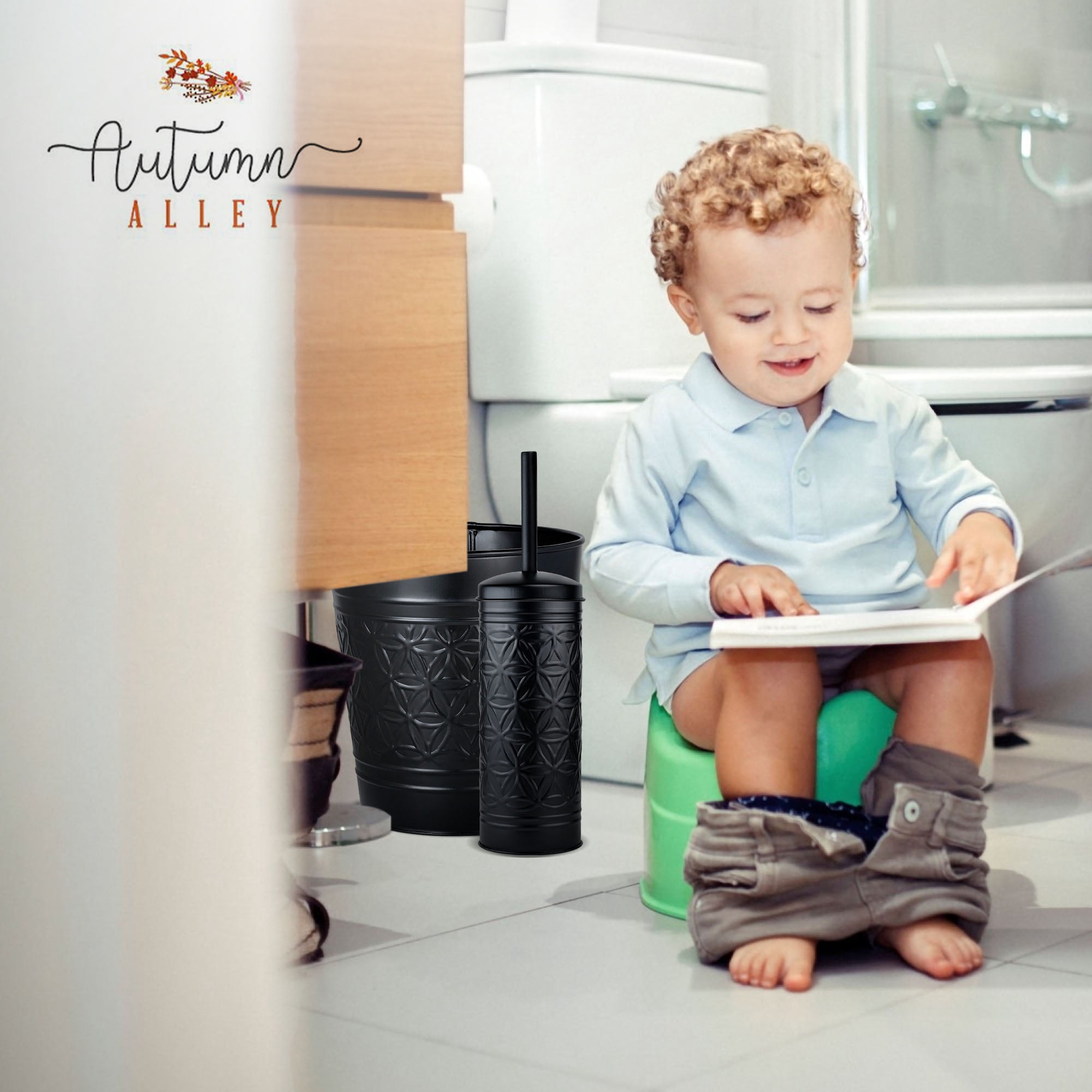 Autumn Alley Black Metal Trash Can & Toilet Brush Set, Matte Black Bathroom Accessories Set