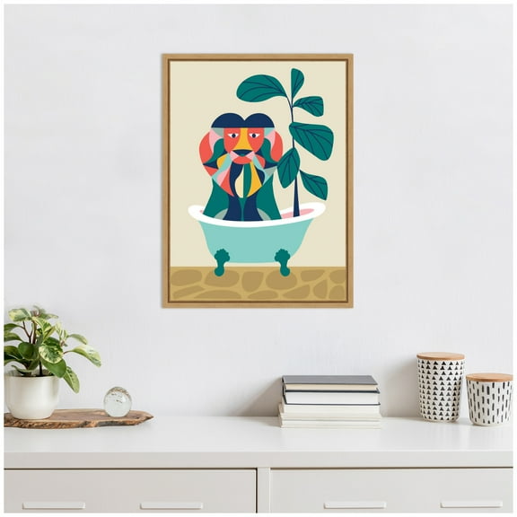 Kate and Laurel Mid Century Modern Lion in Bathtub Framed Canvas Wall Art  by Rachel Lee 18 x 24 Sylvie Natural, Mid Century Modern, Animals, Bathroom, Kids Art for Wall Decor, Living Room, Bedroom