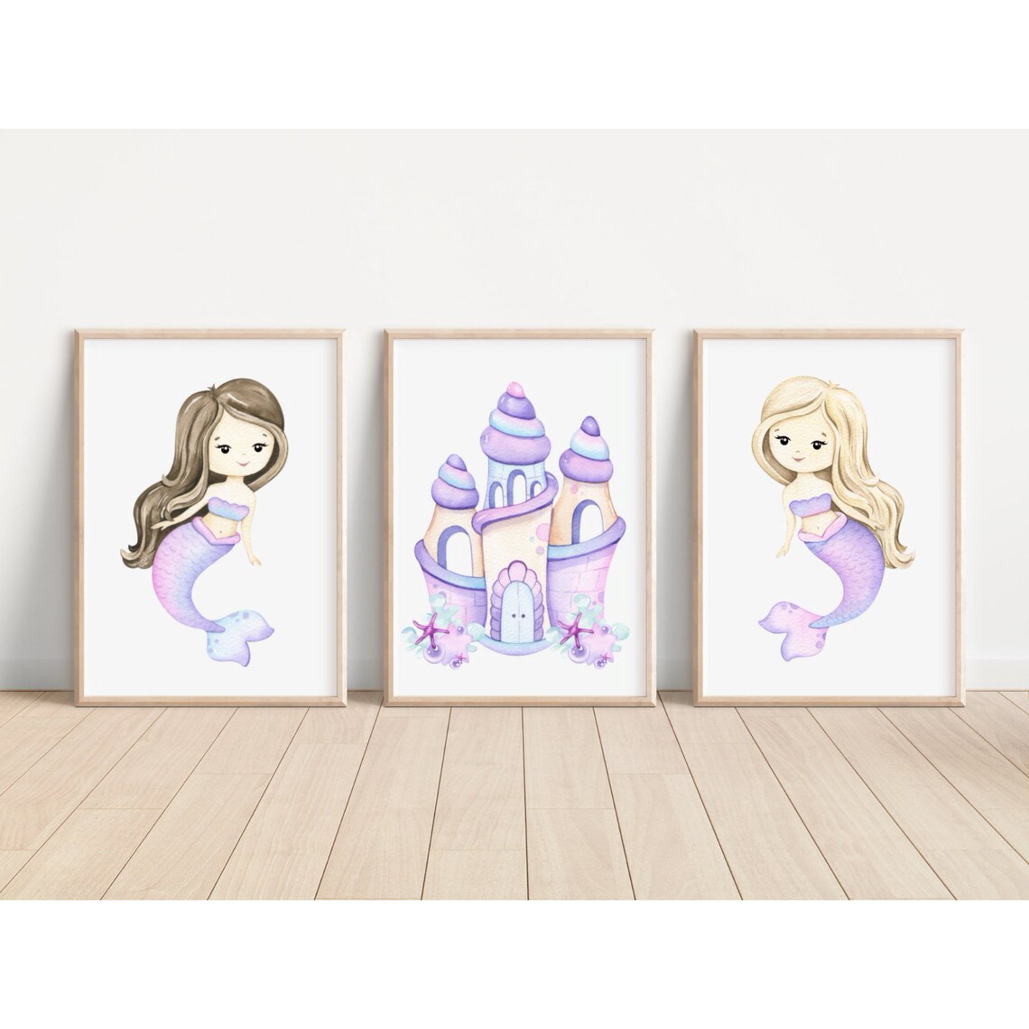 Little Mermaids Wall Decor Girl Nursery Art Cute Mermaid Art Prints Baby girl Wall art Rainbow Castle Art Prints For Nursery Room Set