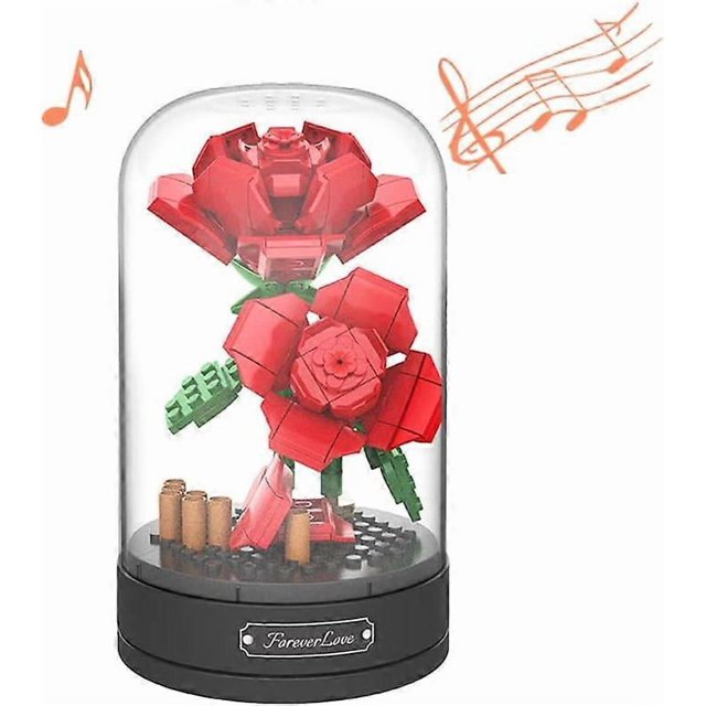 Flower Bouquet Building Blocks Music Box | Red Rose with Glass Dome, Artificial Flowers Building Project to Release Stress and Focus The Mind , Valent