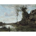 thumbnail image 2 of Jean-Baptiste-Camille Corot 18x15 Black Ornate Wood Framed Double Matted Museum Art Print Titled - A Peasant and Her Cow at the Pond for a Village (ca 1860-1865), 2 of 5