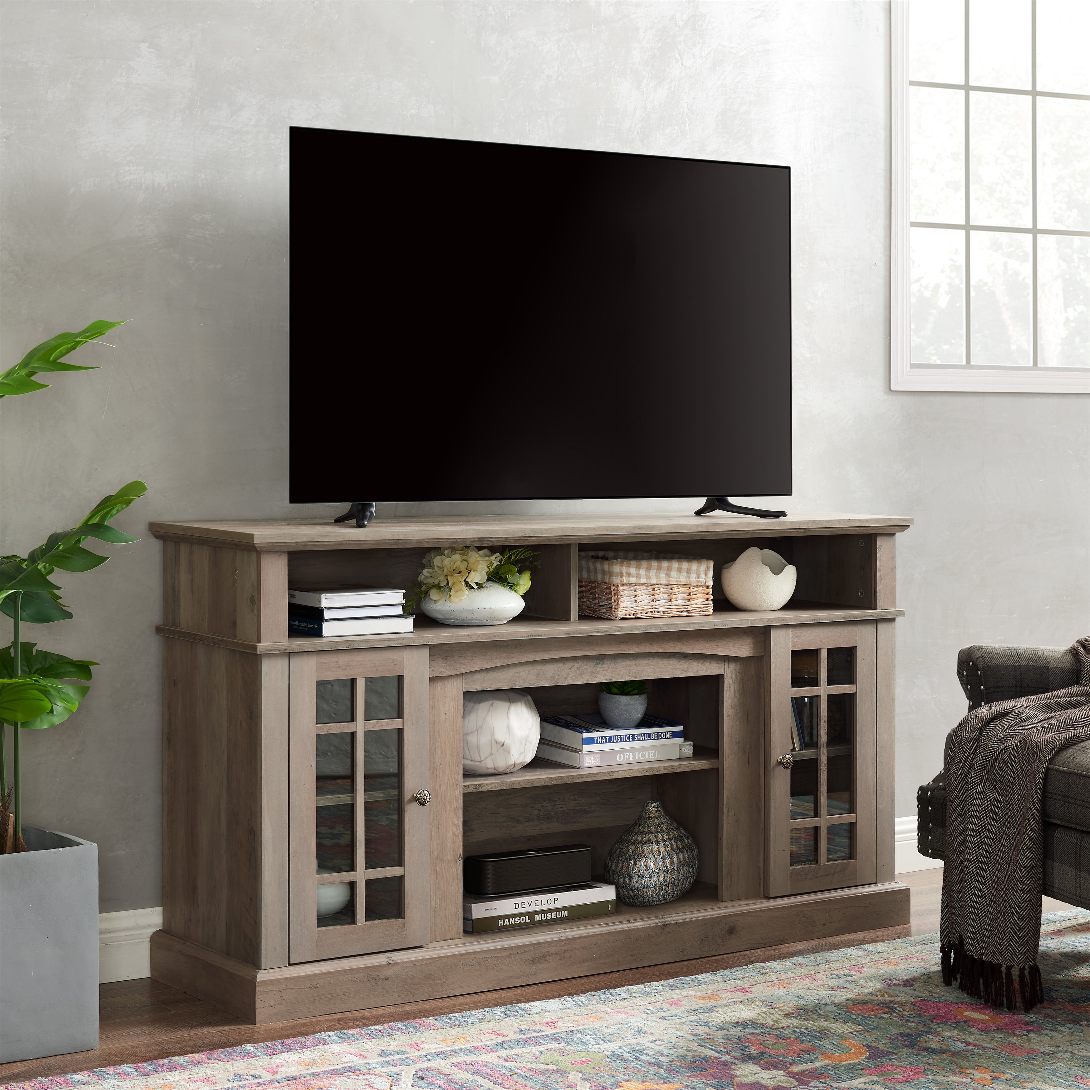 Aukfa TV Stand for TV up to 65", TV Console Table with Storage and Cabinet, 2 Doors, Gray Wash
