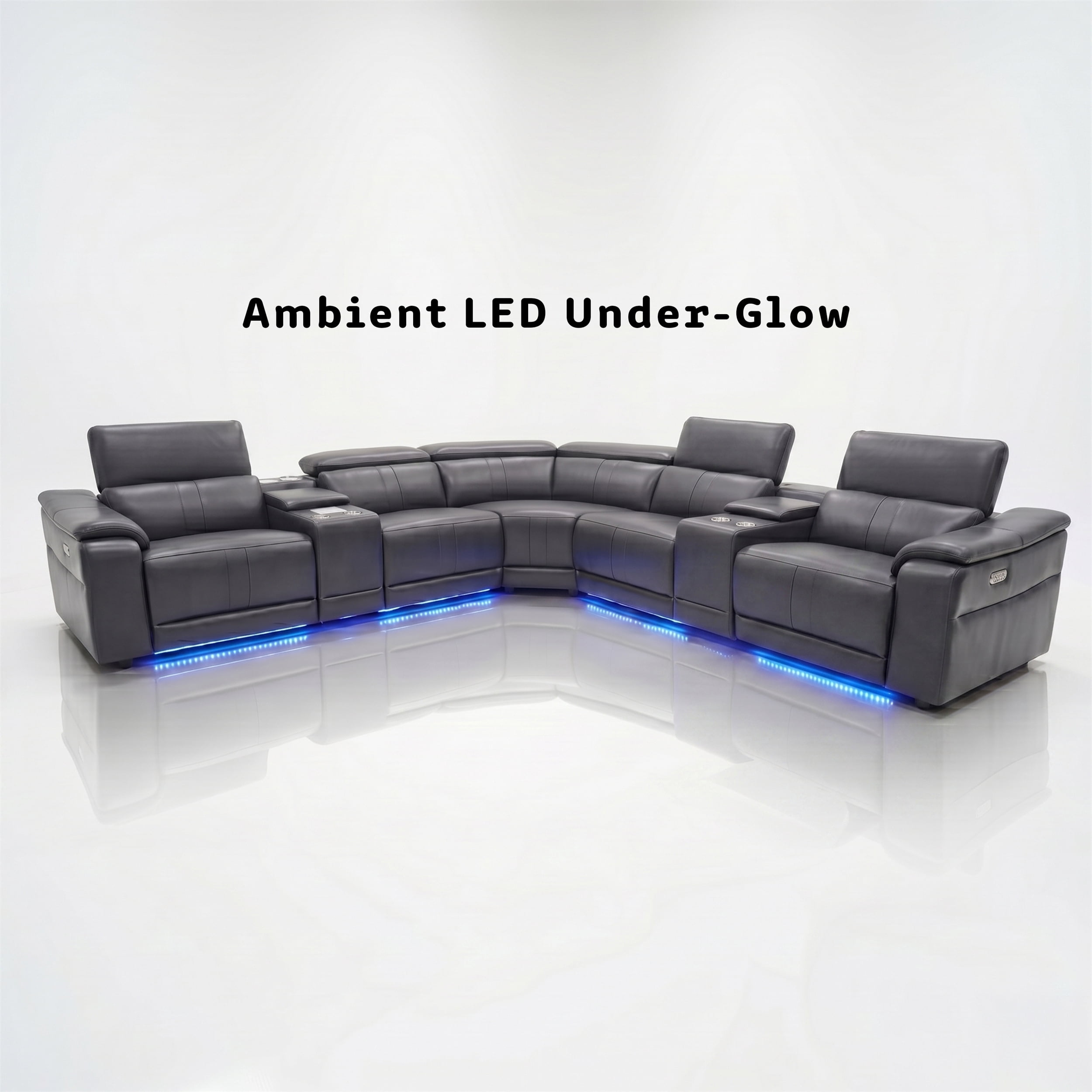 Arron Modern Leather Power Reclining Sectional Sofa with Media Console, Wireless Charging, Bluetooth Speakers, and Ambient LED Under-Glow, Gray
