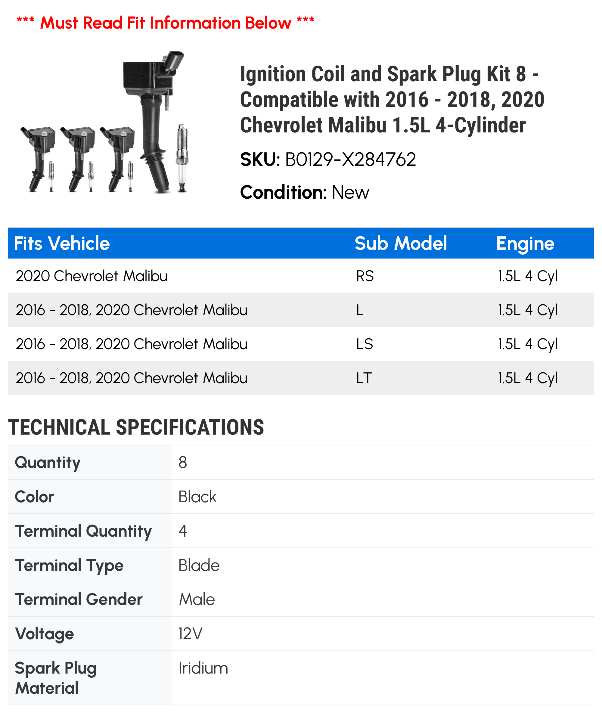 Ignition Coil and Spark Plug Kit 8 - Compatible with 2016 - 2018, 2020 Chevrolet Malibu 1.5L 4-Cylinder - Autopart Premium