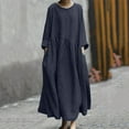 thumbnail image 7 of Womens Summer Spring Dresses Crew Neck Long Sleeve Cotton Linen Dress Solid Casual Flowy Plus Size Long Maxi Dresses, 7 of 7