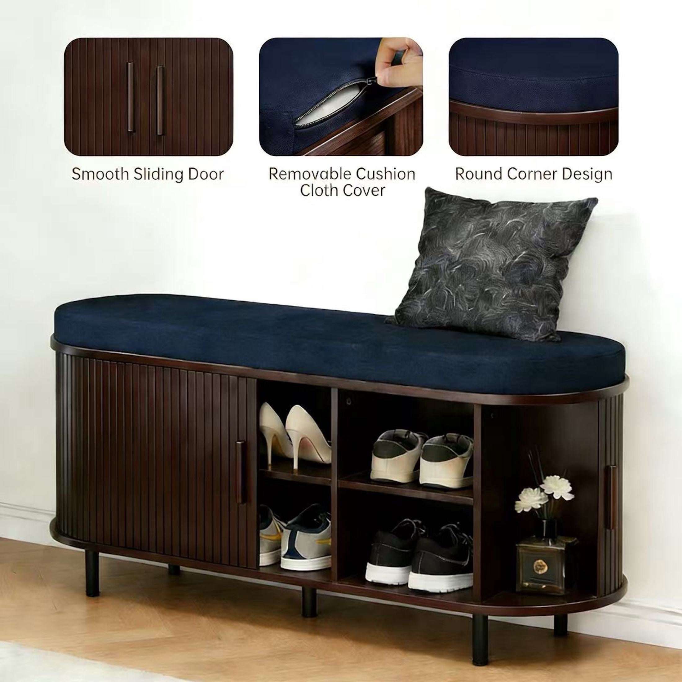 Aisword 2-Tier Shoe Bench Storage with Sliding Door, Padded Cushion, Adjustable Shelf, Brown