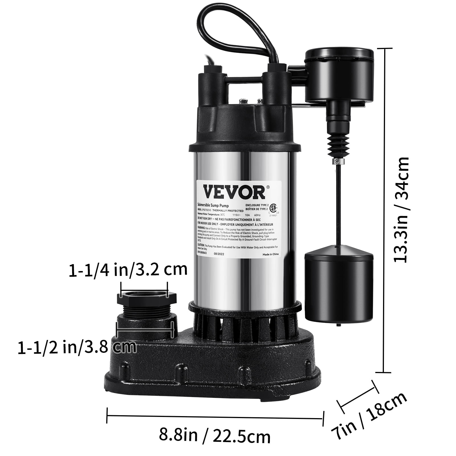 VEVOR 1.5 HP Submersible Cast Iron and Steel Sump Pump, 6000 GPH Submersible Water Pump with Integrated Vertical Float Switch, for Basement Water Basin and Flooding Area Tested to UL Standards