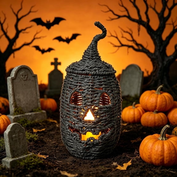 Halloween Decoration Faux Jack O Lantern Basket Seagrass Pumpkin Ornament Festive Tabletop Display Holiday Accents Home Party Supplies Autumn Harvest Seasonal Accenting Props