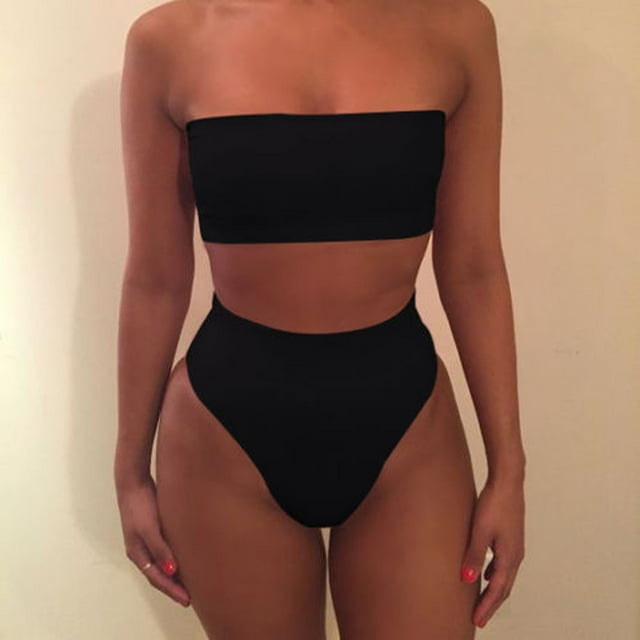 Lefu Summer Women's Sexy Solid Color Tube Tops Bikini 2pcs Set Swimsuit No Chest Pad