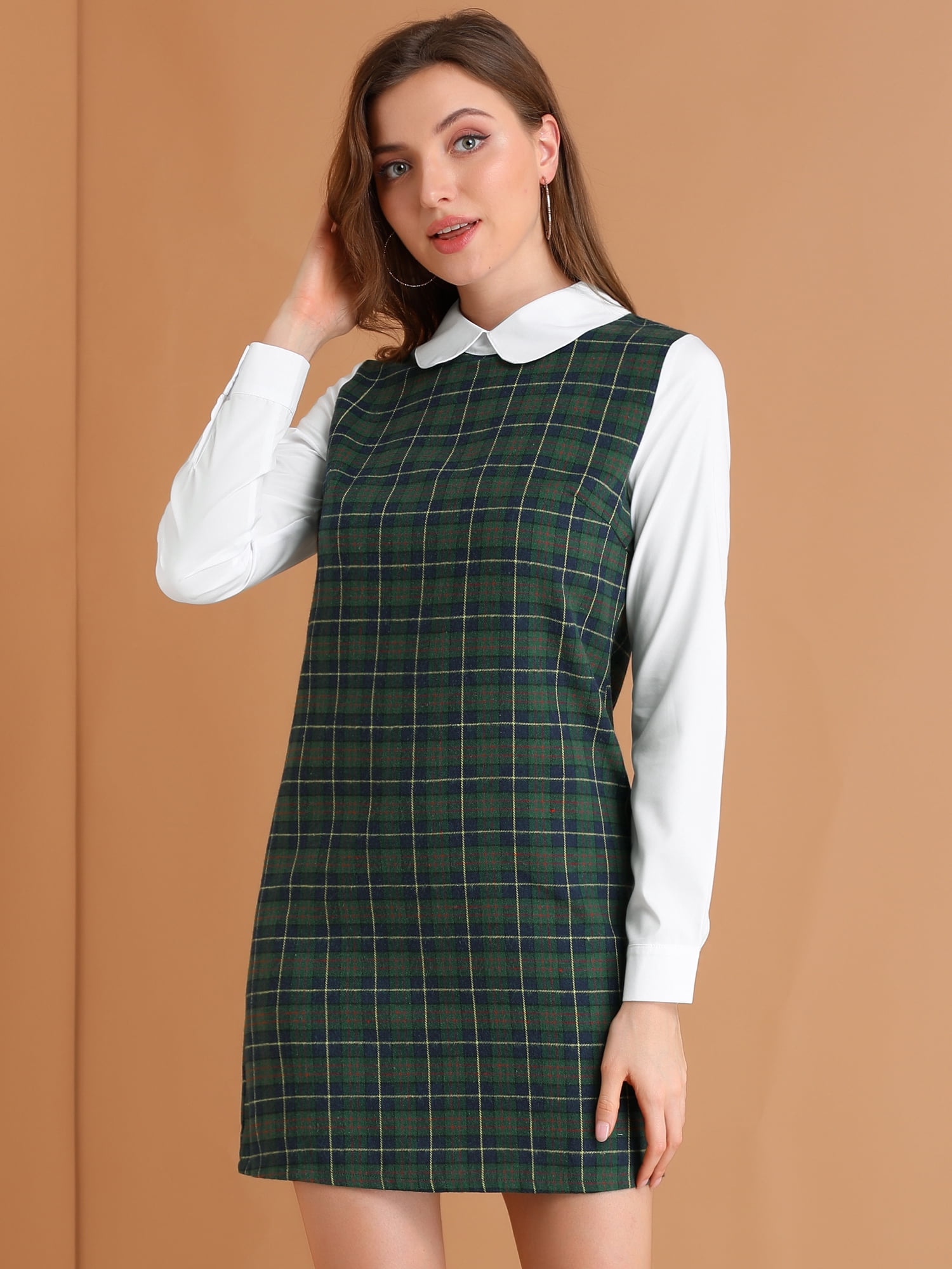 DARING DIVA Plaid Peter Pan Collar Long Sleeve Check Shift Dress 2XL Green Blue