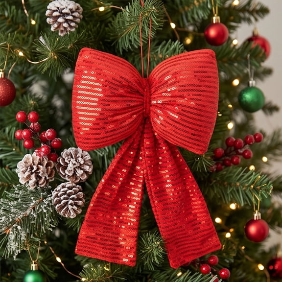 ShaoXinWan Christmas Glitter Striped Bow Ornament, Christmas Decorations Indoor Outdoor, Candy Cane Ribbon Hanging Tree Decor for Wreath Garland