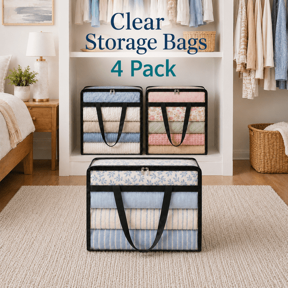 MORAVE 4 Pack 60L Clear Zipper Storage Bags with Handles, Plastic Organizer for Bedding Comforter Clothes, Closet Under Bed and Moving Use