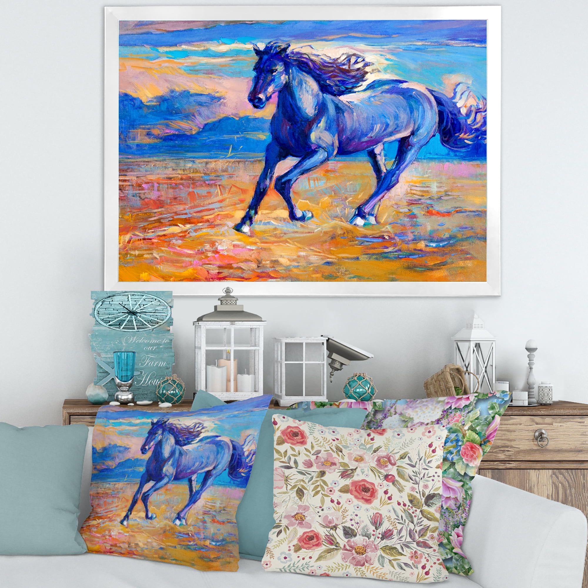 Designart 'Abstract Blue Horse Galoping Over The Prairie' Farmhouse Framed Art Print