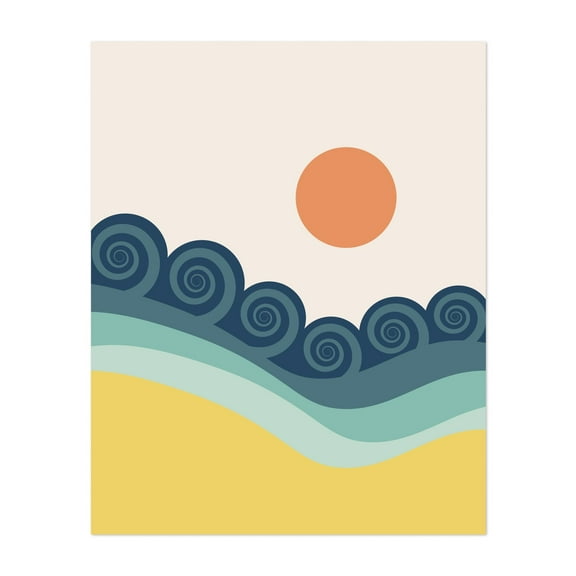 Retro blue ocean waves - Illustration Unframed Wall Art Print 8 x 10 inches