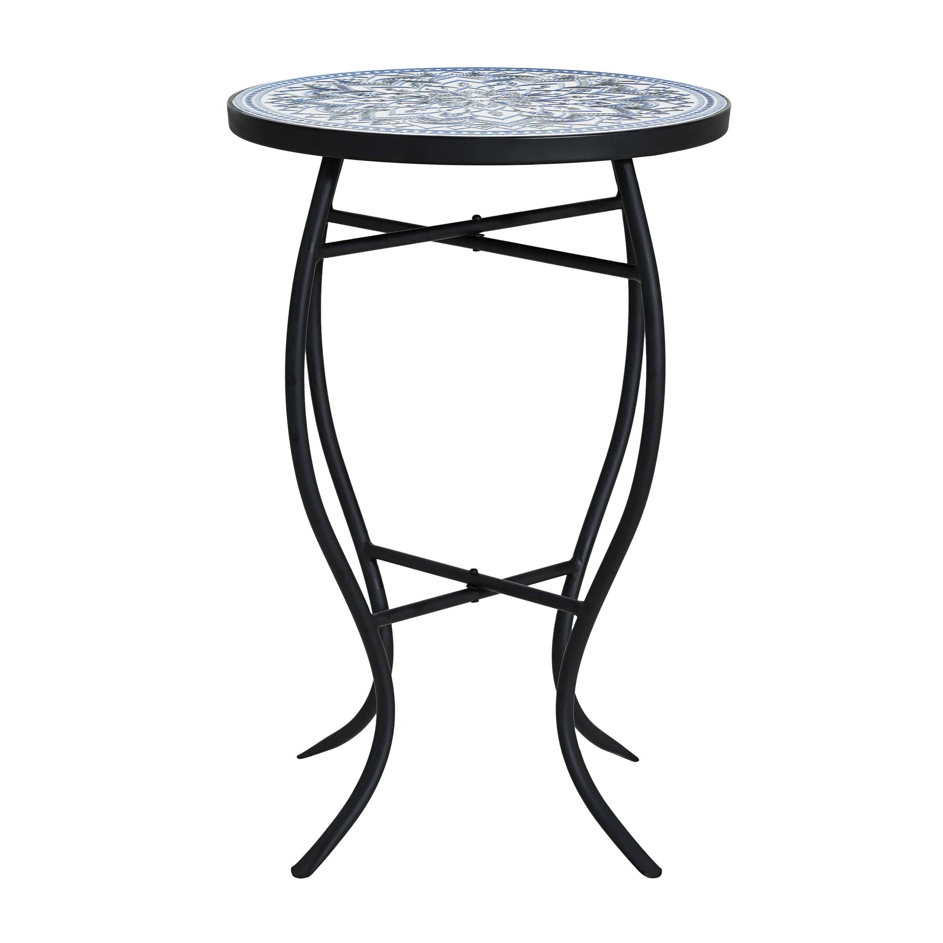 Outdoor Round Mosaic Top Iron Leg Side Table for Patio Garden, Blue