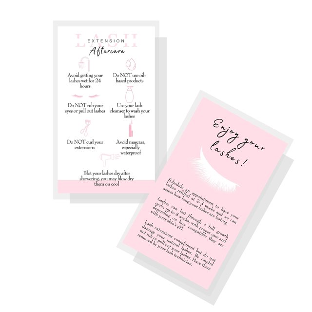 Tarjetas de cuidado posterior de extensiones de pestañas | Paquete de 50 | Tamaño de la tarjeta de presentación: 3,5 x 2 pulgadas | Suministros para extensiones de pestañas | Diseño blanco y rosa clar