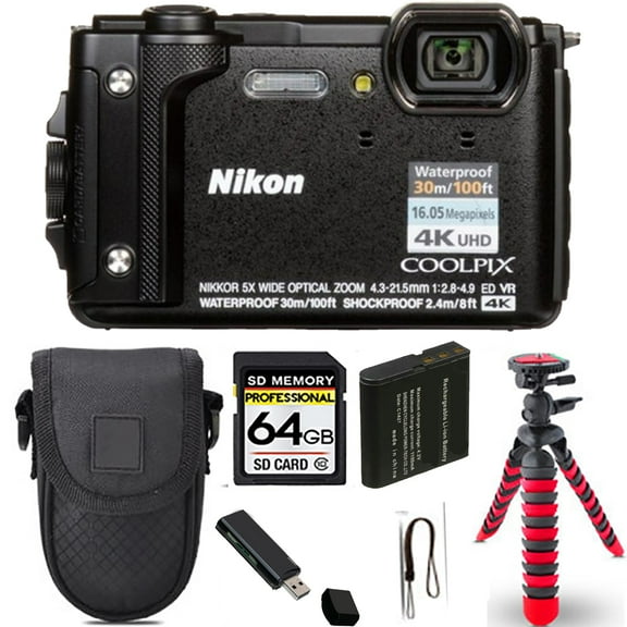 Nikon COOLPIX W300 Camera (Black)  Spider Tripod   Case - 64GB Kit (International Version)