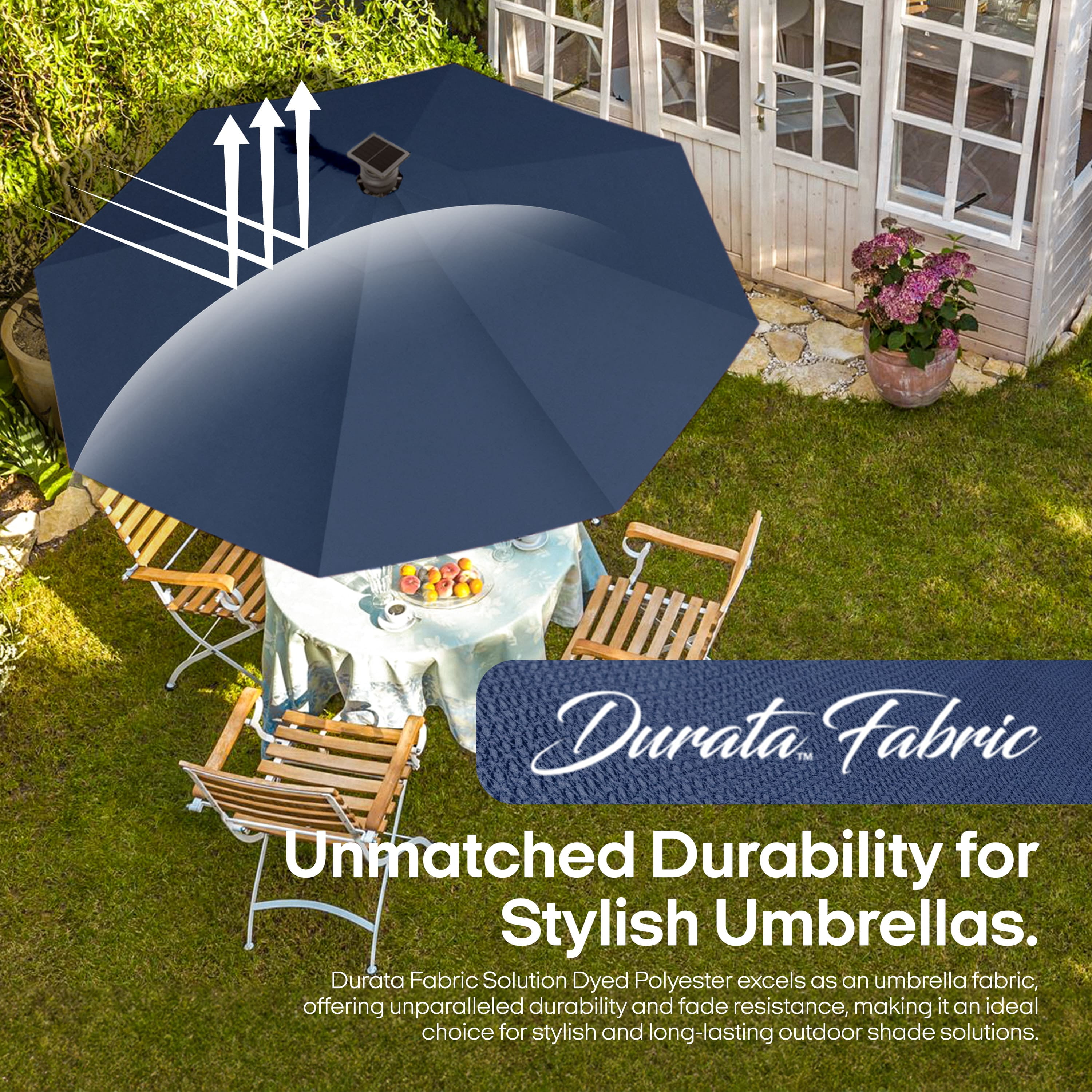 Above® Solo Classic 106 in Blue Solid Print Octagon Market Patio Umbrellas, Fade Resistant, Solar Powered, LED Lighting