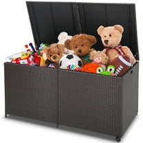 Patiojoy 175 Gallon Deck Storage Box Outdoor Mix Brown Wicker Storage Bin w/ Zippered Liner & 2 Universal Wheels Safe Pneumatic Rod