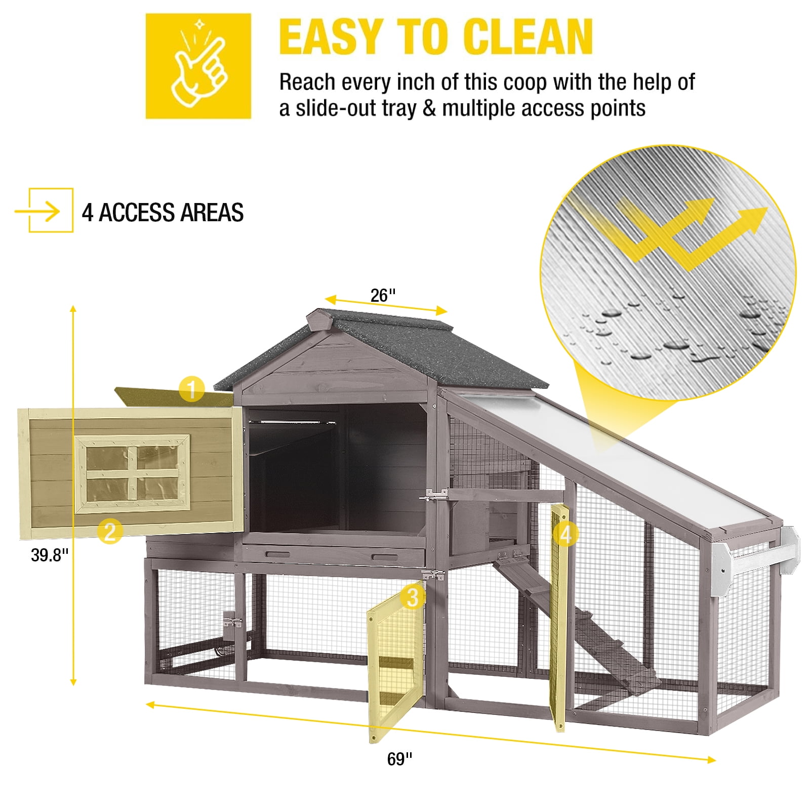 Aivituvin Mobile Chicken Coop with Wheels for 2-4 Chickens, Weatherproof Chicken House Poultry Cage with Nesting Box, Leakproof Pull-Out Tray for Outdoor Backyard, Brown