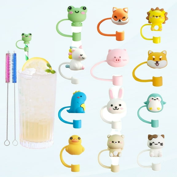 Cute Silicone Straw Covers Set of 12, Animal Theme, Soft Protective Caps for Small 6-7mm Straws
