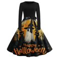 thumbnail image 2 of Halloween Dresses for Women Pumpkin Spider Long Sleeve 1950s Cocktail Classic Dress Crew Neck Hepburn Fall Vintage Tea Length Dress with Belt 2XL, 2 of 5