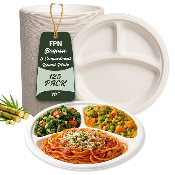 FPN Disposable Plates 3 Compartment 10 in, 125-Pack, Compostable, Microwave-Safe for every Events parties gathering