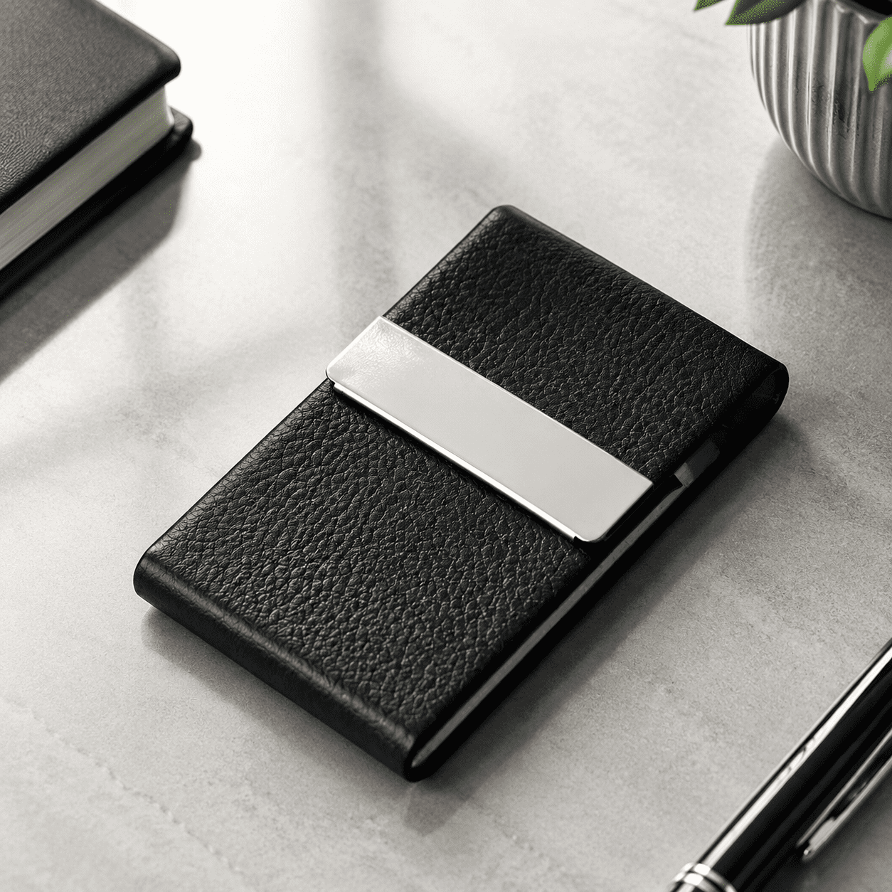 mokzer Business Card Holder, PU Leather & Stainless Steel Business Card Case for Men or Women, Slim Name Cards Holder RFID Blocking Credit Cards Carrier with Magnetic Closure,