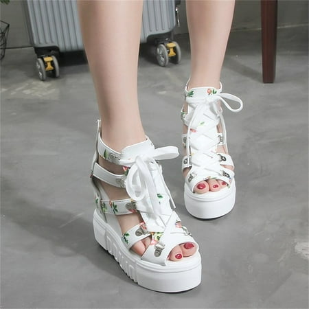 

Sponge Cake Thick-soled Fish Mouth High-heeled Sandals Floral Lace-up Plus Size Roman Sandals