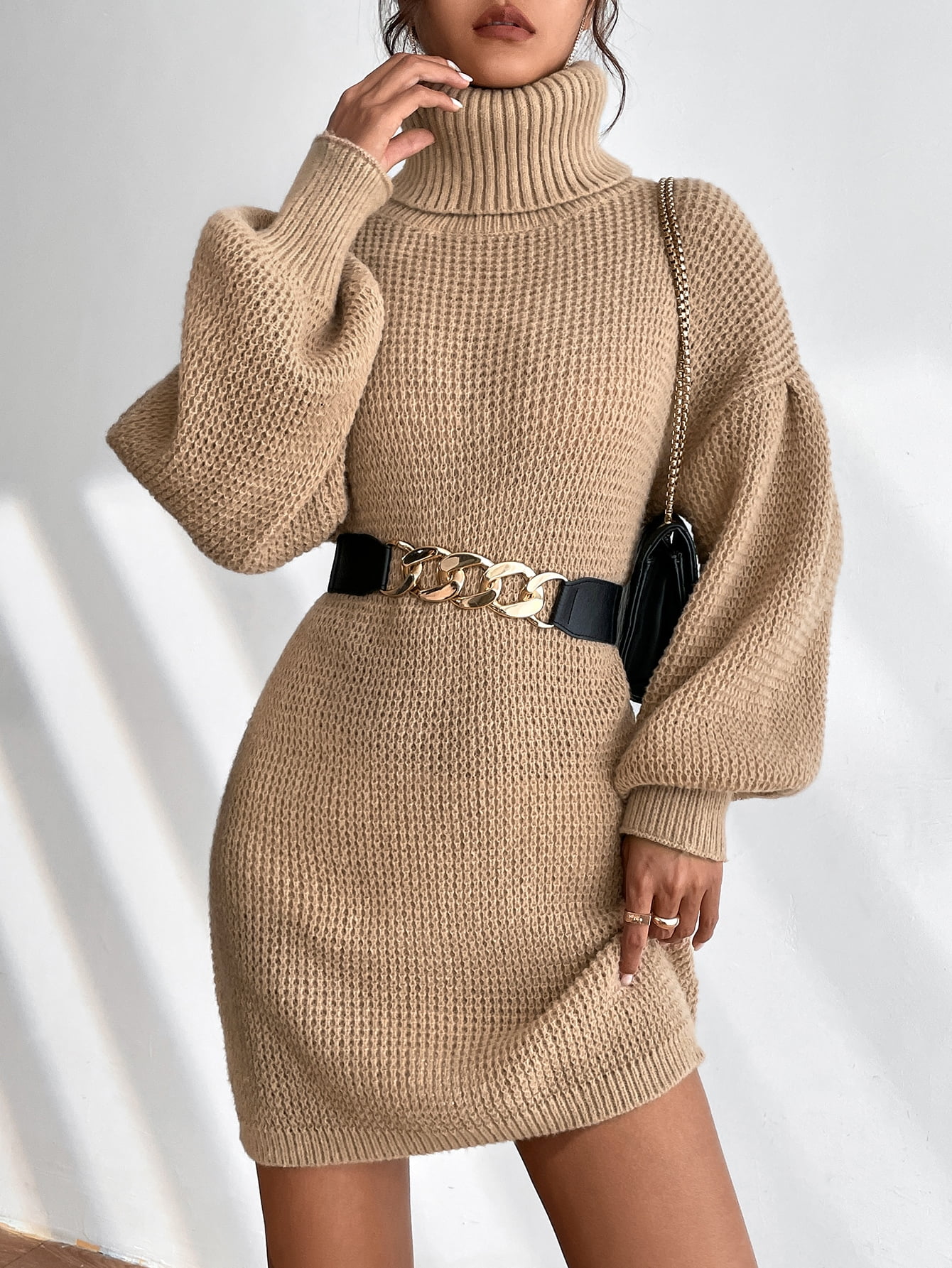 Turtleneck Lantern Sleeve Sweater Dress 