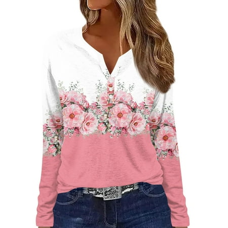 Plus Size Fall Tops For Women Button Down Vneck Teacher Shirts Vintage Floral Tee Shirts Womens Long Sleeve Tunic Top Cute Outfits Comfy Maternity Summer Clothes Pink S