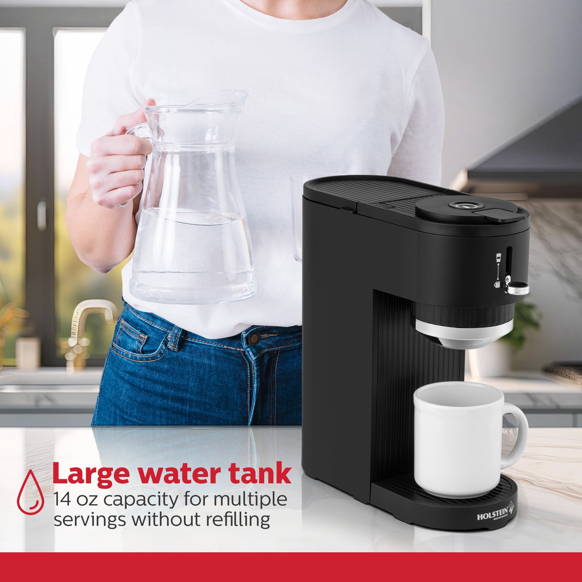Holstein Housewares 2-In-1 Single Serve Pod and Ground Coffee Maker, Compact Dual Brew Machine with Reusable Mesh Filter, Fits Small Cups and Large Mugs, Space-Saving Design, 14 oz Water Tank