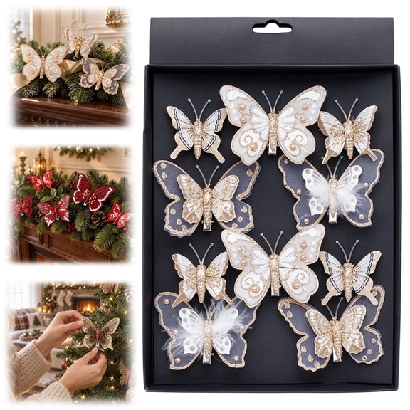 10Pcs Christmas Butterfly Ornaments, 11x7.5 Inch Mesh Butterfly Tree Decorations with Clip, Glitter Butterfly Hanging Ornaments for Christmas Tree Wreath, Champagne