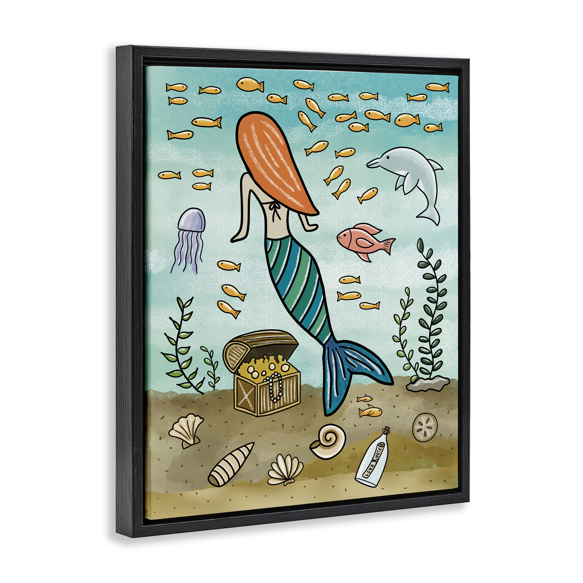 Mermaid Treasure Love Note Black Framed Floater Canvas Wall Art, design by Jennifer Stith