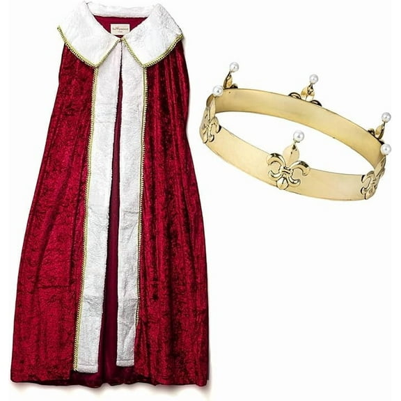 Sunnywood King's Cape and Crown Set, Red Cloak with Faux Pearls for Adult