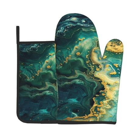 

Lukts Turquoise Golden Swirl Print Kitchen Heat-Resistant Gloves and Spacers 2pcs Set Suitable for Baking and Cooking