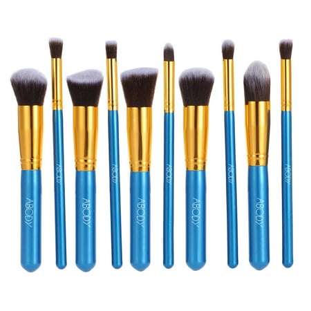Abody 10Pcs Professional Makeup Brush Kit Cosmetic Set Golden Ferrule Powder Eye Shadow Concealer Wood Brushes Blue