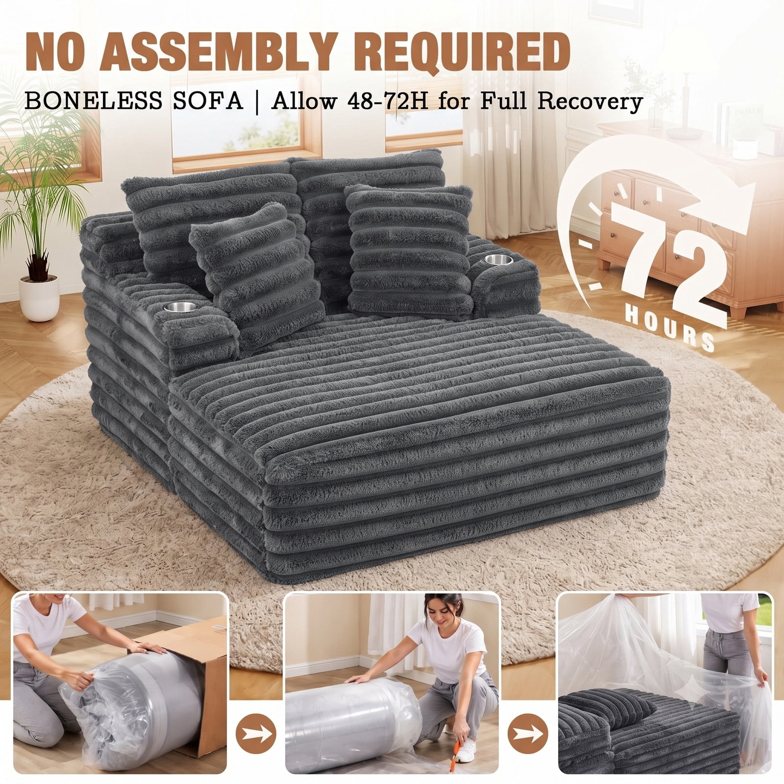 Lunale Oversized Chaise Lounge Chair Indoor Furniture, Boneless Cloud Couch with Cup Holders, Faux Fur Accent Chair for Living Room, Gray