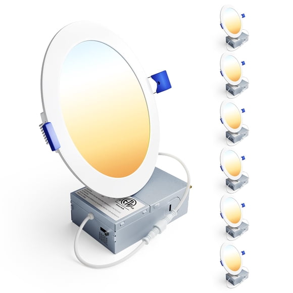 Ensenior Lot de 6 Lumières LED Encastrées 6 Pouces, Dimmables, 2700K-5000K 5CCT, 1200LM Haute Luminosité, 12W 120V, Résistantes à l'Humidité, ERL-12X-ETL, Ultra-Mince Sans Canettes