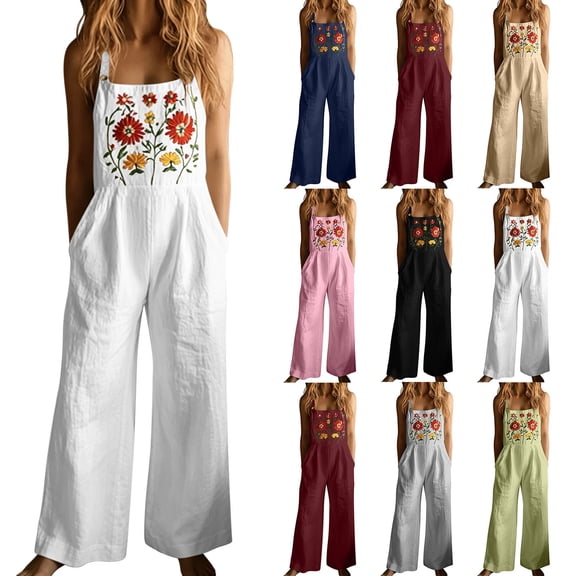 FchengtaiS Summer Boho Jumpsuit Women Floral Embroidered Sleeveless Rompers Casual Loose Wide Leg Overalls With Pockets