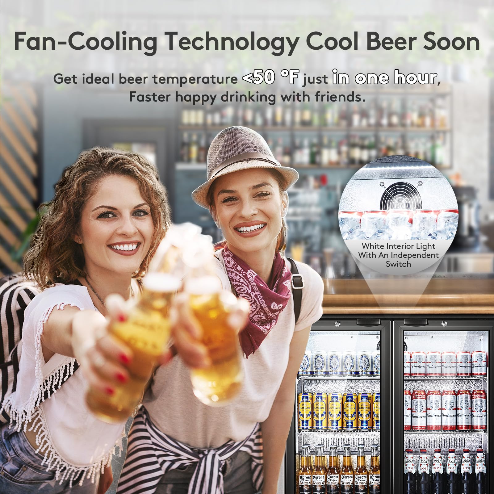 Back Bar Cooler With 2 Glass Doors, BODEGACOOLER 7.4 Cu.Ft. Capacity Back Bar Fridge with LED Lighting, Commercial Under counter Display Fridge for Beer, Soda Drinks, Wine