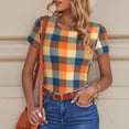 thumbnail image 4 of KLL Women 's Crew Neck Bodysuit Jumpsuits Warm Orange Plaid Print Short onesies Stretch T Shirts, 4 of 5