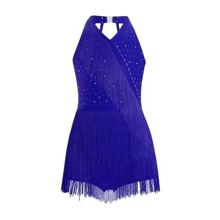 Moggemol Girls Sleeveless Latin Jazz Dance Dress Kids Sparkly Halter Tassel Fringed Leotard Dress Blue 14